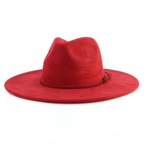 Red Wide Brim Suede Fedora Hat with Tassel